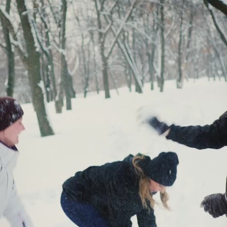 friends having a snowball fight in winter park