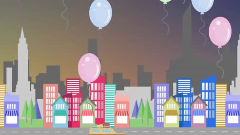 multiple colorful balloons floating against cityscape