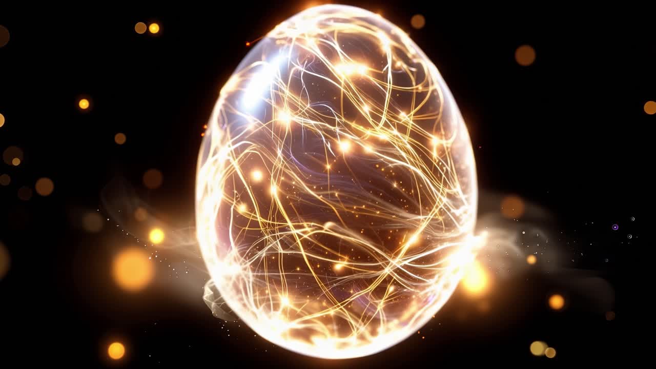 Um ovo brilhante pulsa com energia dourada contra o vazio negro. Partículas cintilantes giram em sua superfície como faíscas vivas. Rastros de luz dançam pela casca, irradiando calor e mistério.