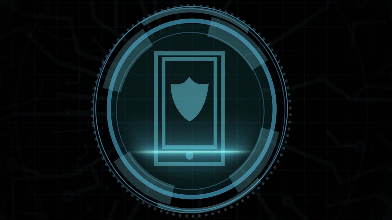 Animation of digital shield in circle and cyber security on black background