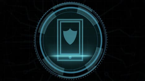 Animation-of-digital-shield-in-circle-and-cyber-security-on-black-background