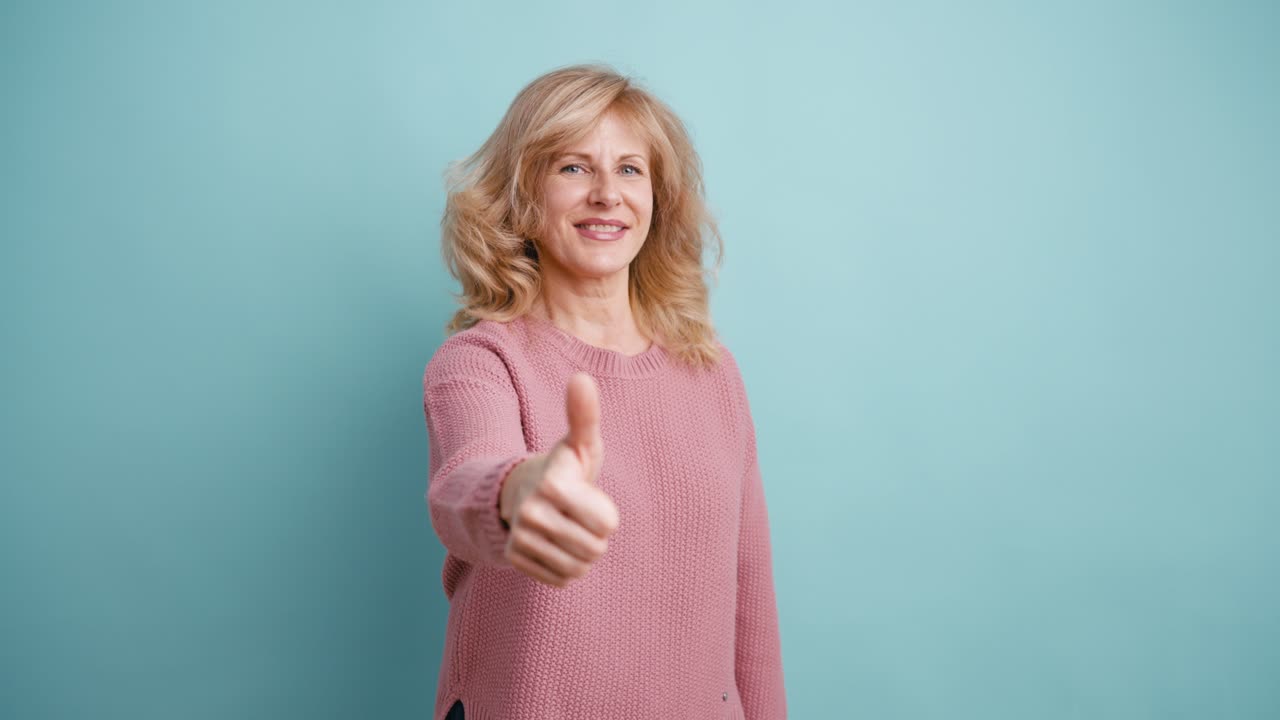 Donna di mezza età felice che sorride e fa un gesto con il pollice in su