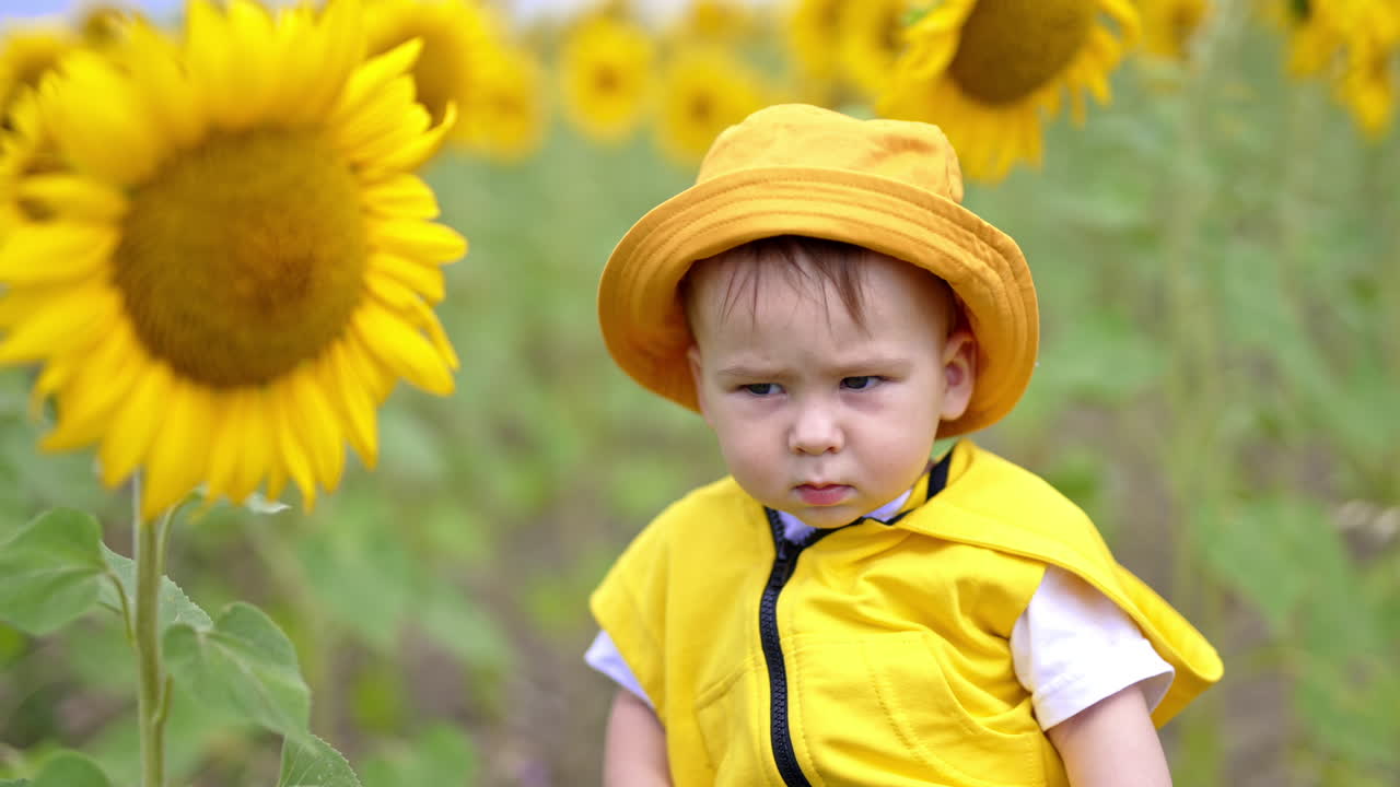 Serious little Caucasian kid wearing yellow panama looking into camera. Lovely cute child nearby tall sunflower in the field. Blurred backdrop.