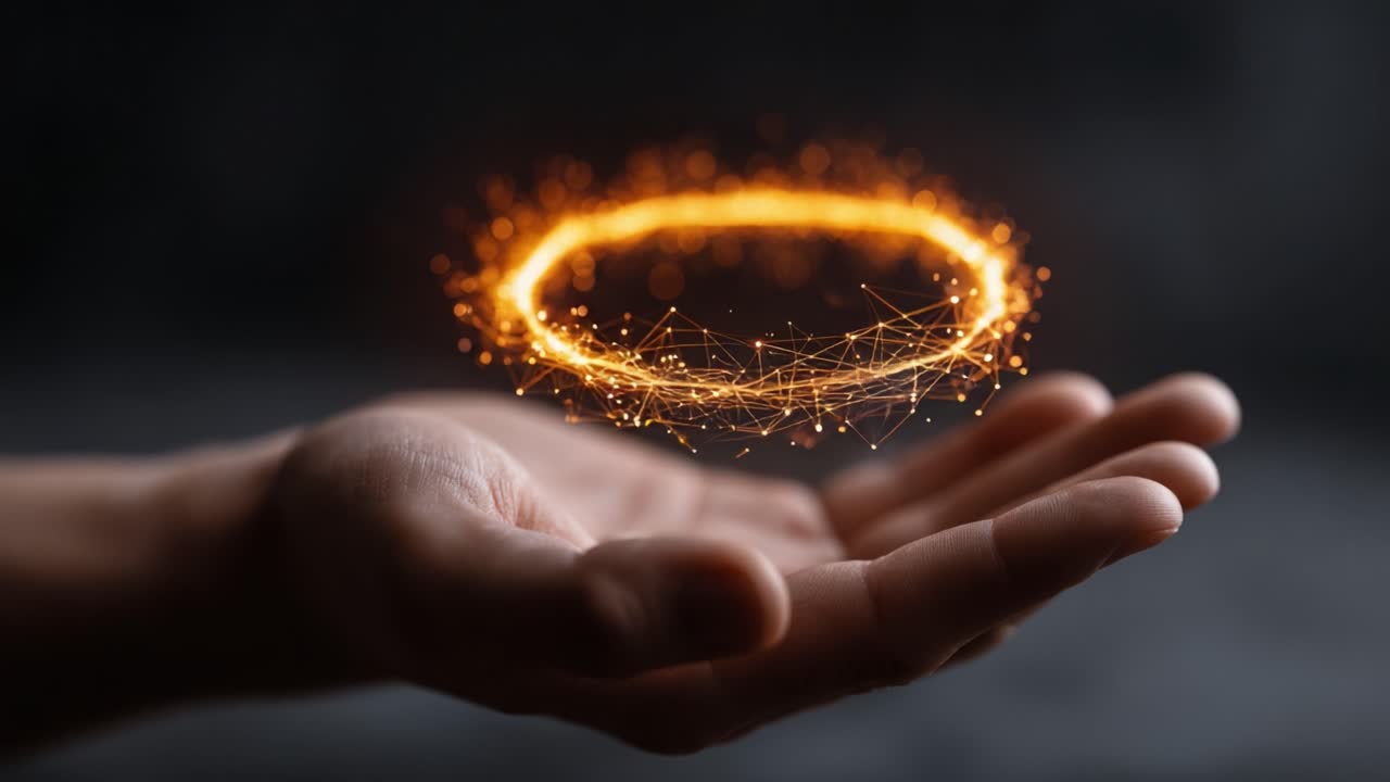 A Captivating Glimpse of Digital Magic: The Hand Holds a Glowing Circle of Light, Representing Energy, Innovation, and the Interplay Between Technology and Human Touch