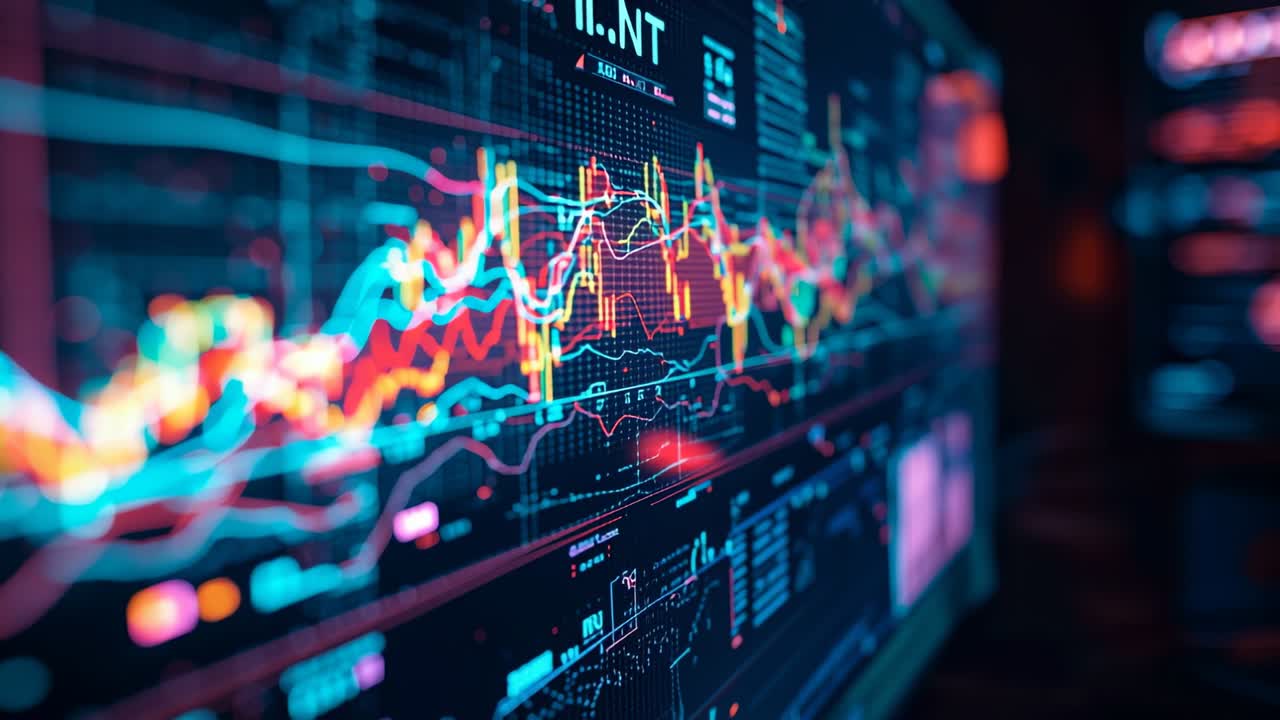 Opening closeup on monitor showing pulsing financial chart in trading office, with volume bars