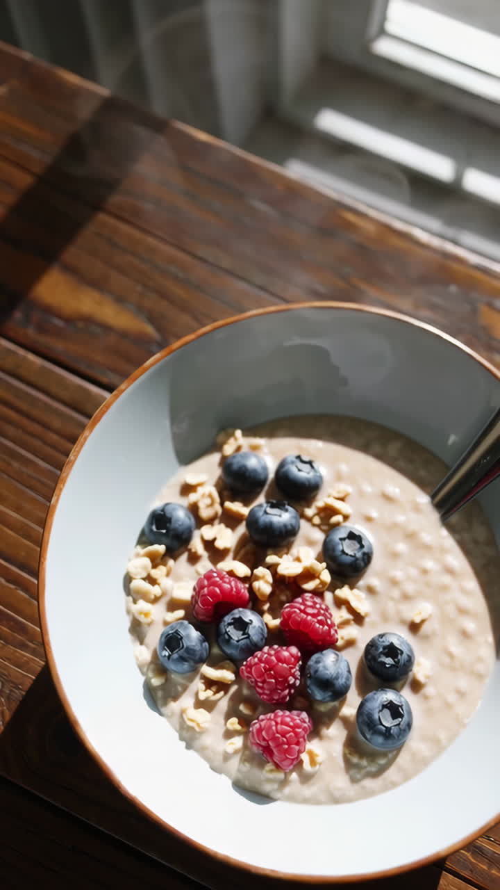Eating a healthy breakfast bowl with oatmeal, blueberries, raspberries, and granola