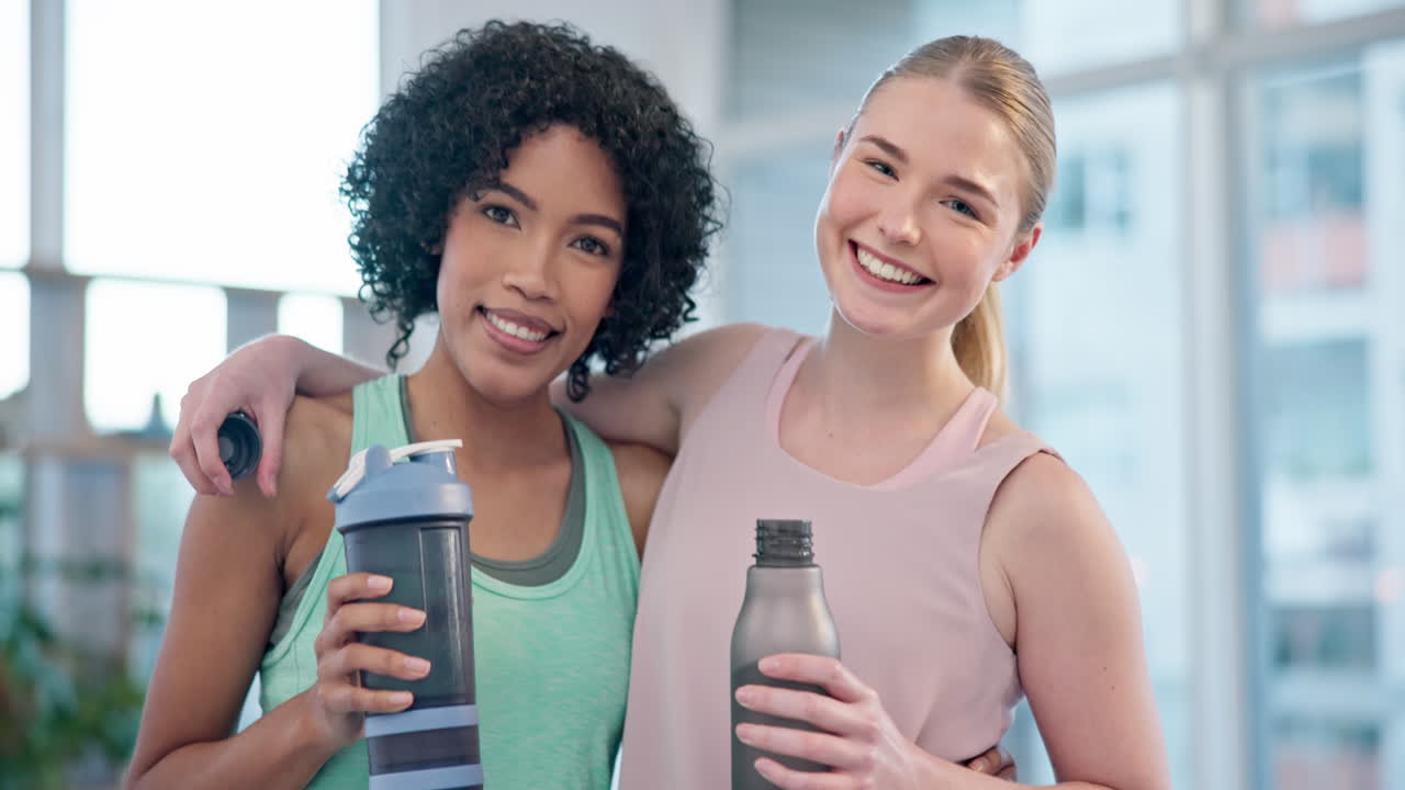 amigos, fitness y la cara de las mujeres abrazo en un deporte