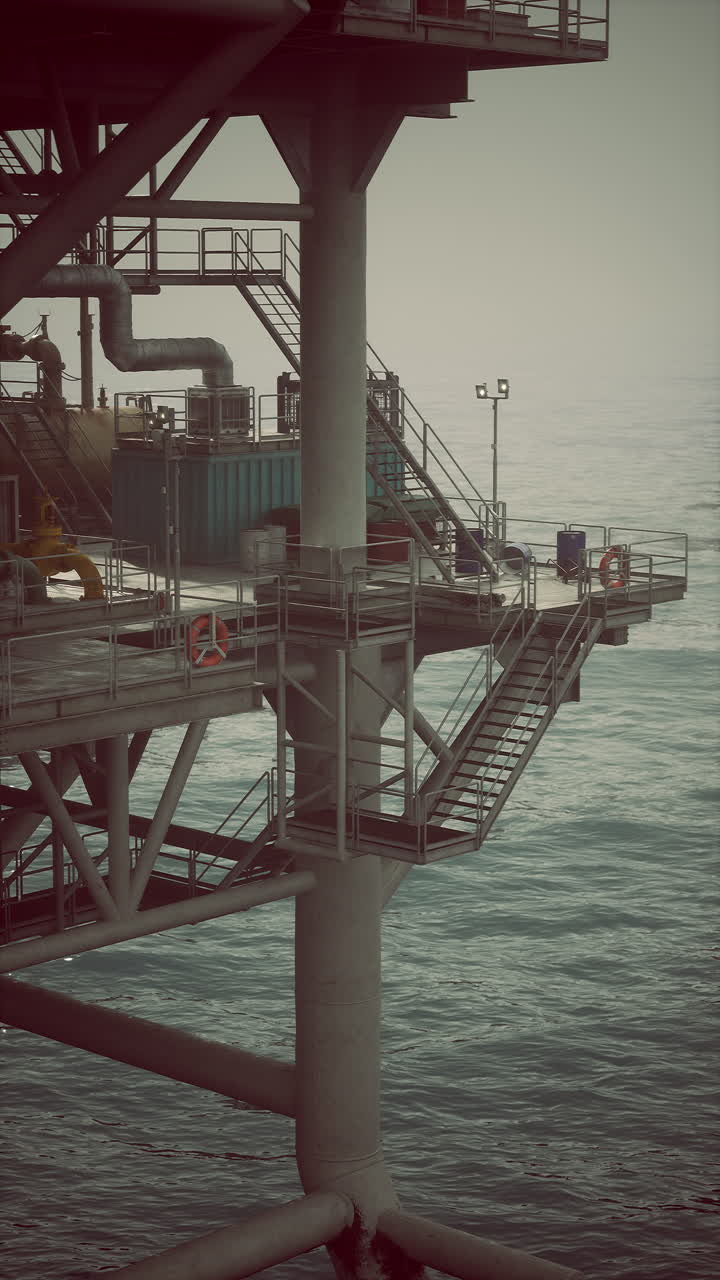 Kæmpe boreplatform rejser sig over rolige havvand i blødt morgenlys