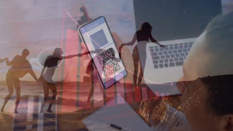 Animation-of-caucasian-woman-using-smartphone-over-female-friends-at-beach