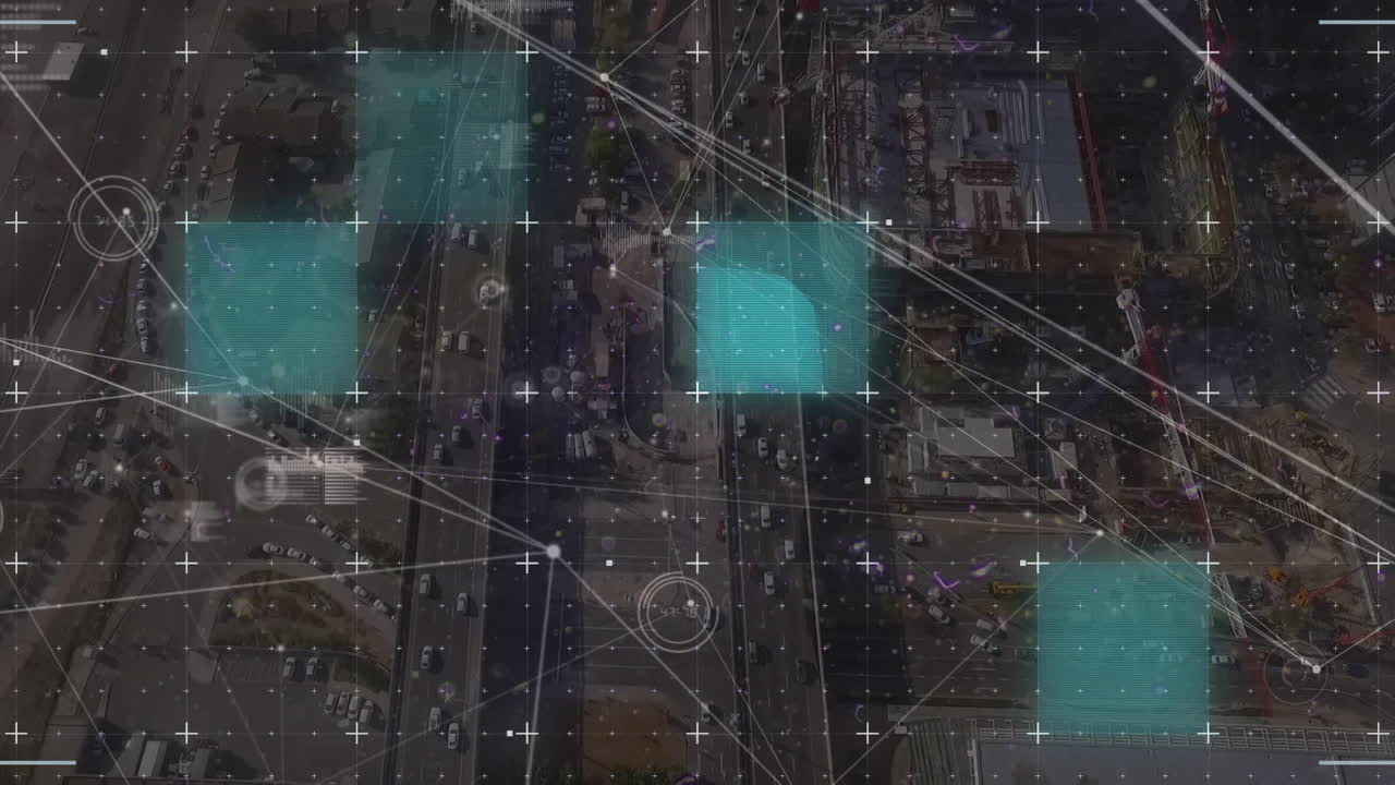 animación de puntos conectados con iconos gráficos sobre el cuadrado contra la vista aérea de los vehículos en la calle