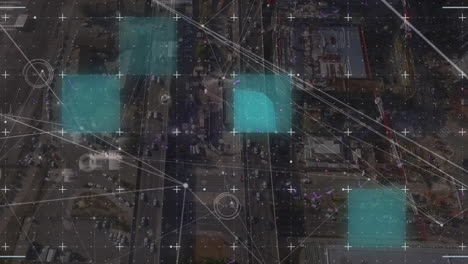 animación de puntos conectados con iconos gráficos sobre el cuadrado contra la vista aérea de los vehículos en la calle