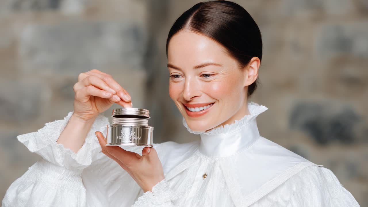 A woman joyfully showcasing a skincare cream container, radiating beauty and elegance, embodying self-care and wellness in a serene environment