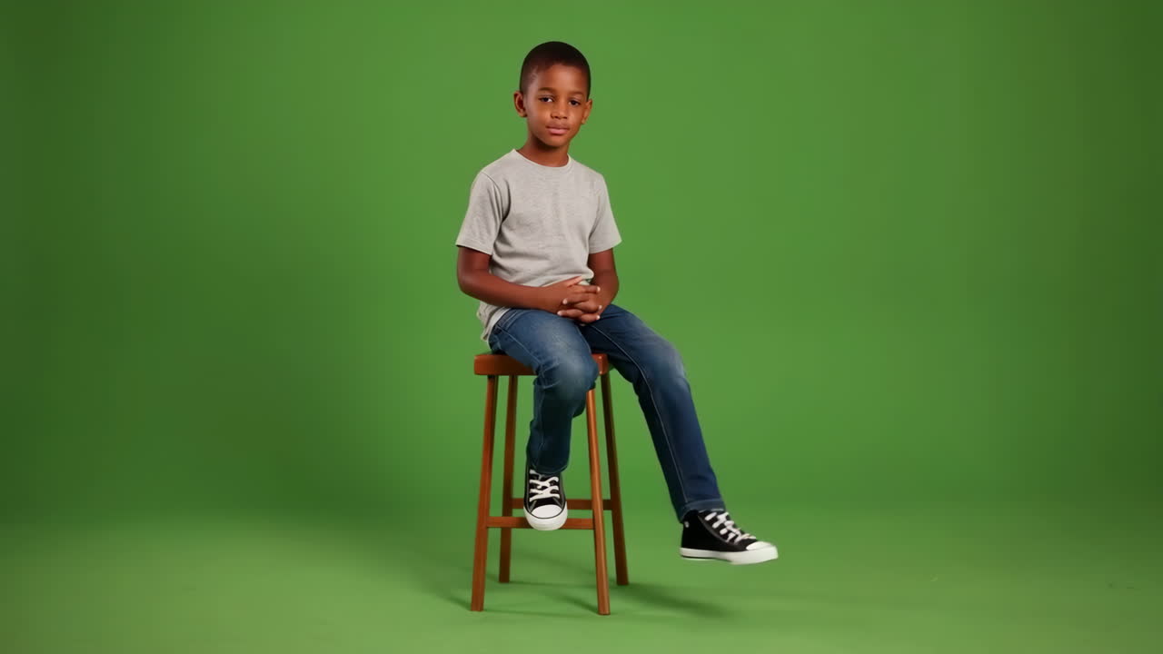 A young boy sits on a stool in front of a green screen