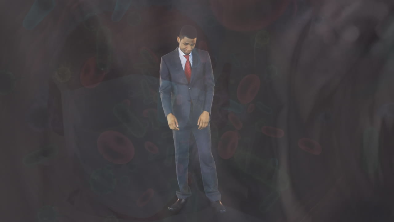 아프리카계 미국인 사업가의 애니메이션, 팔을 고 서서, 동맥에서 흐르는 적혈구