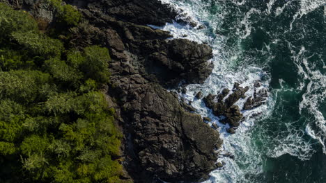 Drone-video-at-sunset-in-Ucluelet-British-Columbia,-Canada-over-the-ocean-and-forest