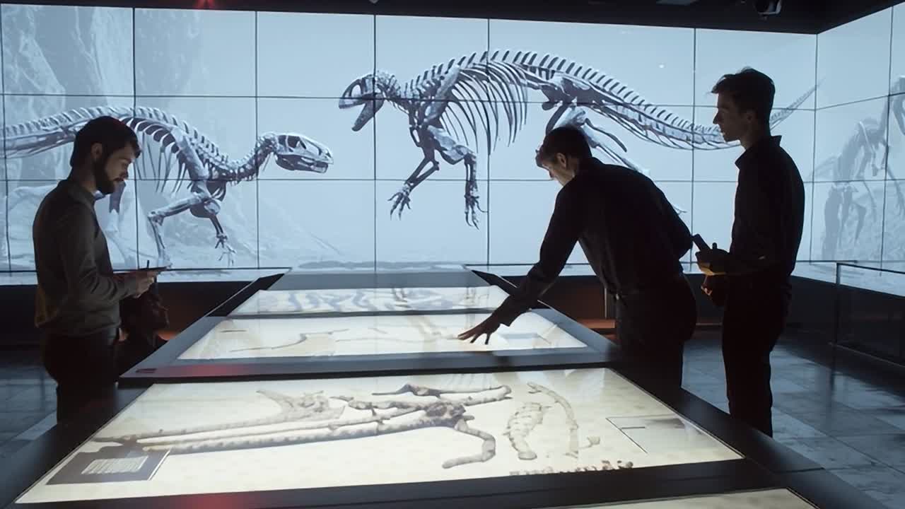 Visitantes exploram exposição interativa de dinossauros em um cenário de museu moderno
