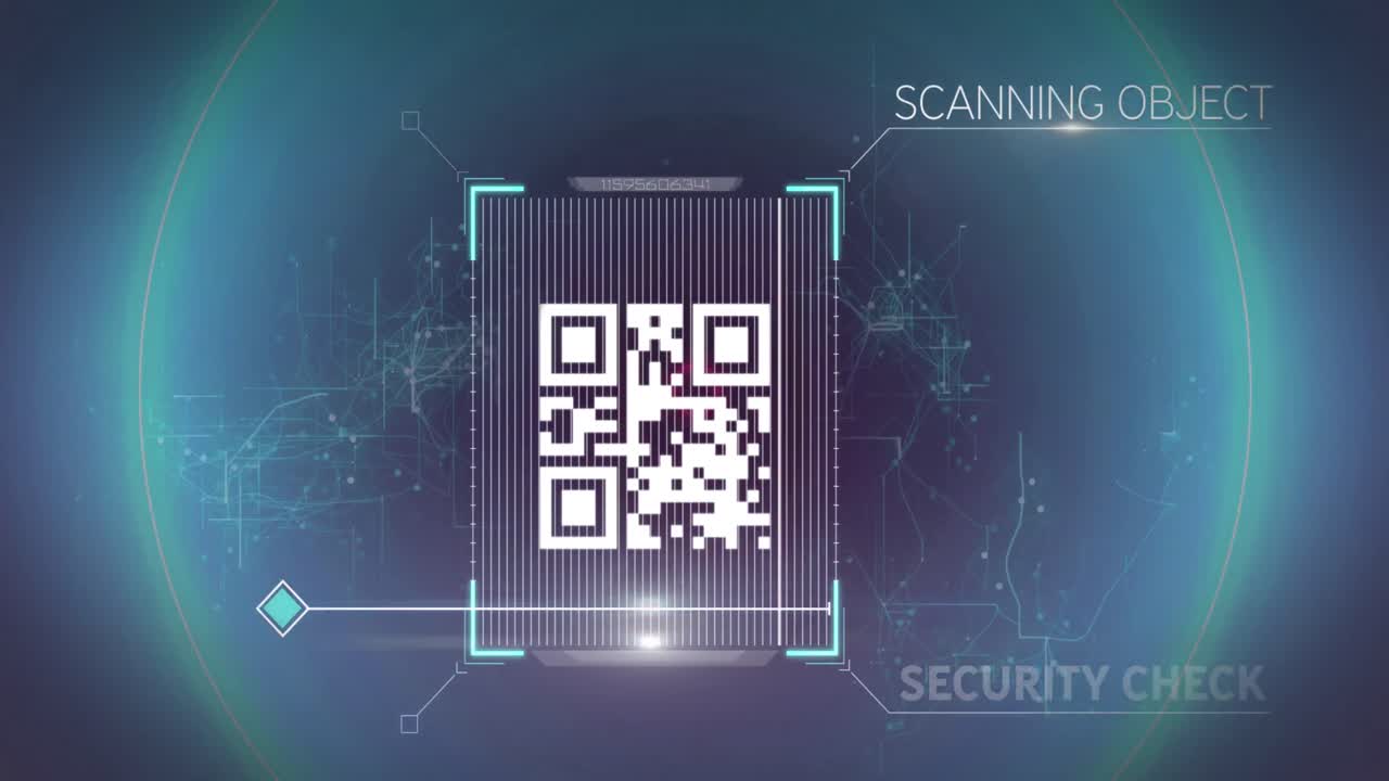Animation of neon circles over qr code on violet background
