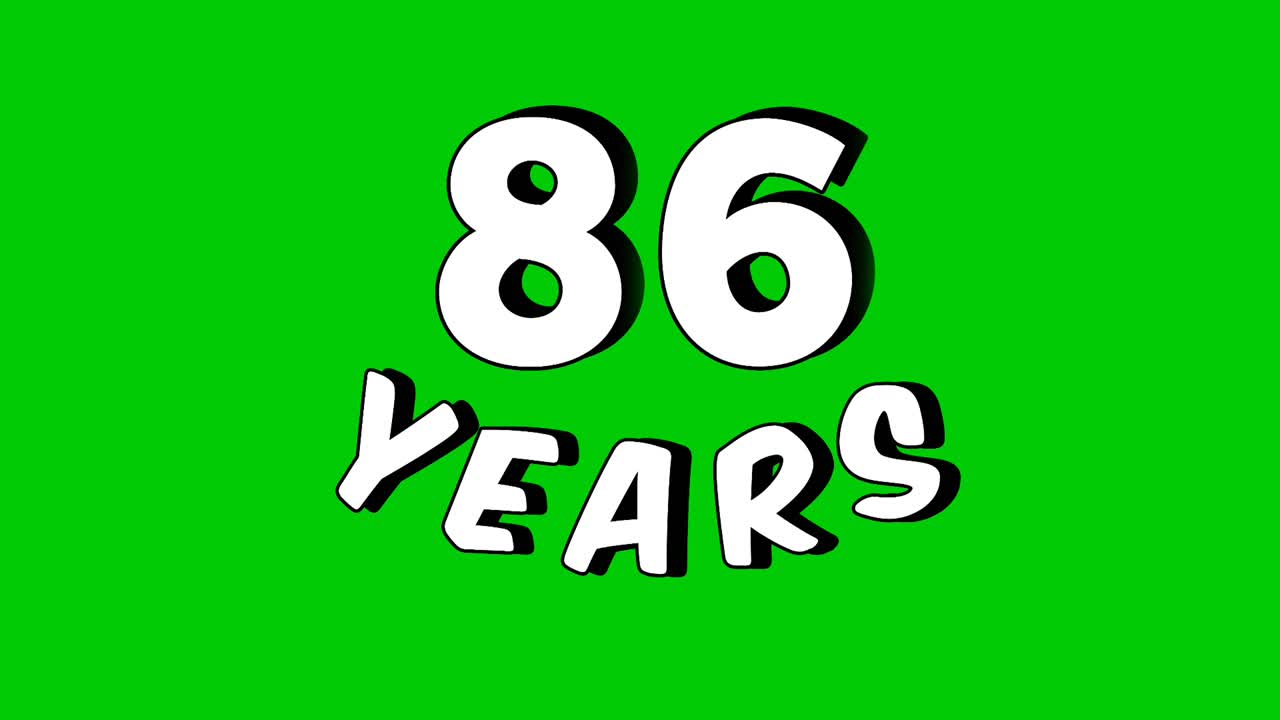 Animated footage of the number "86 years" with a green screen background. The number is presented in a modern and dynamic style, perfect for editing birthday videos, anniversaries video element
