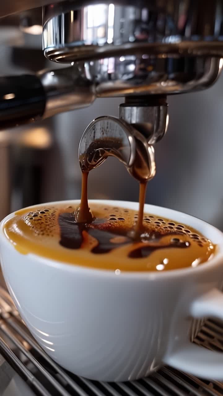 Ricco processo di estrazione dell'espresso che mostra un flusso uniforme di caffè da una macchina da caffè espresso in una tazza bianca cremosa riempita con una bevanda aromatica.