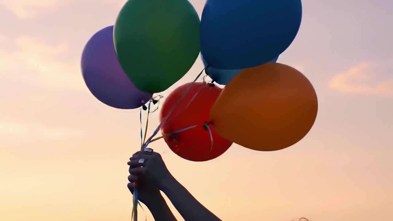 A person holds a bunch of vibrant balloons high as the sun sets in the background. The warm colors of the sky create a cheerful atmosphere, enhancing the festive mood.