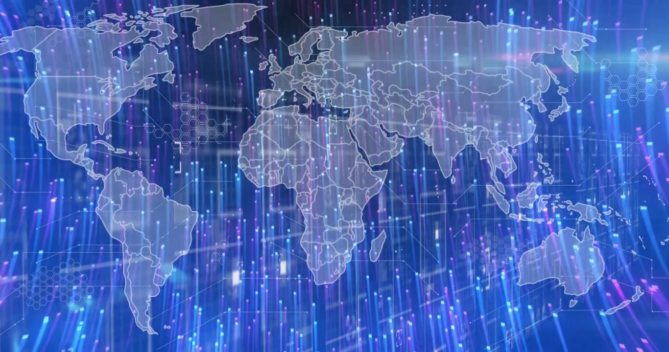 Animation of light trails over world map with data processing on black background