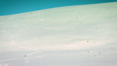 Wide-shot-of-three-people-and-their-dog-hiking-through-the-snow