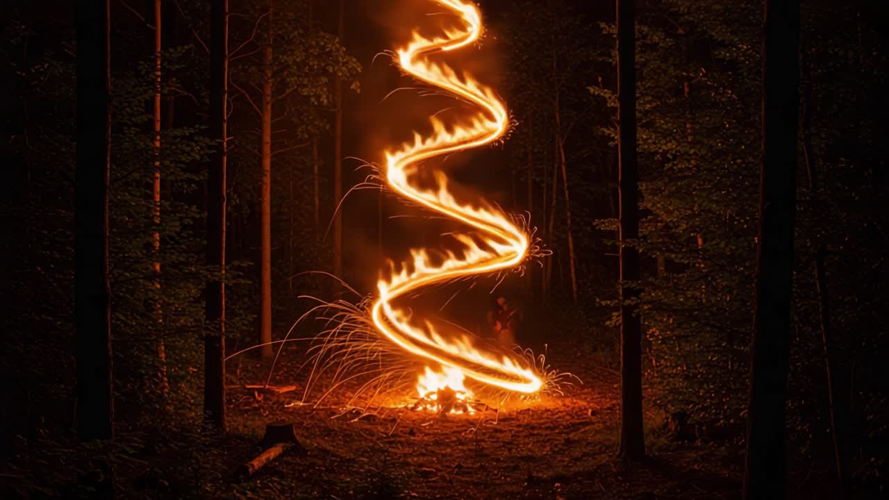 Lumoava tulipyörre: lumoava näytös liekeistä, jotka pyörivät sulavasti metsän pimeydessä yöllä