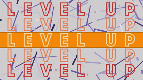 digital animation of level up text against abstract purple shapes on grey background