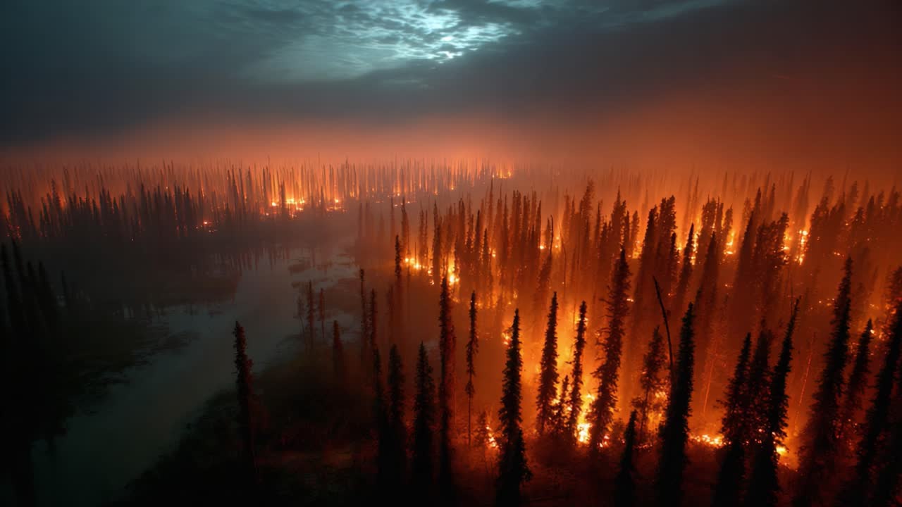An Aerial View of a Devastating Wildfire, Illuminating the Night Sky and Forest with an Intense Glow, Highlighting the Destruction of Nature and Ecological Impact