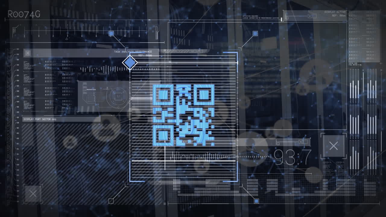 Animation of qr code scanner and interface with data processing against close up of computer server
