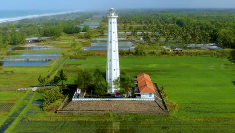 scenic aerial view white lighthouse on ketawang beach at java coast, indonesia