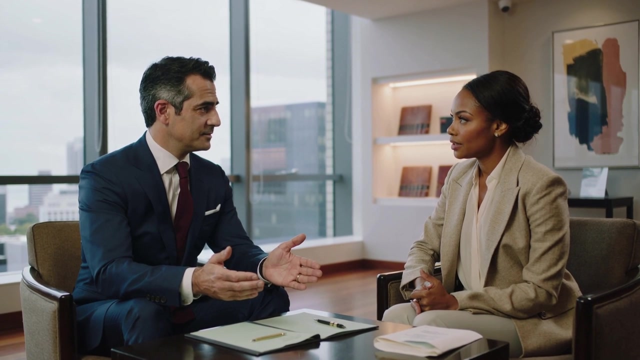 Explaining man in dark suit leaning, using gestures, urging woman in beige suit at office, papers