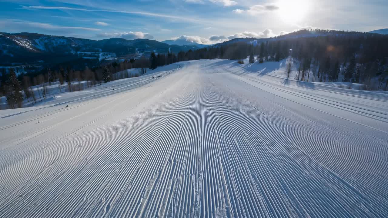 Drone optager en centreret, velpræpareret pist ved et skiområde, der viser corduroy og skiløbere med hjelme.