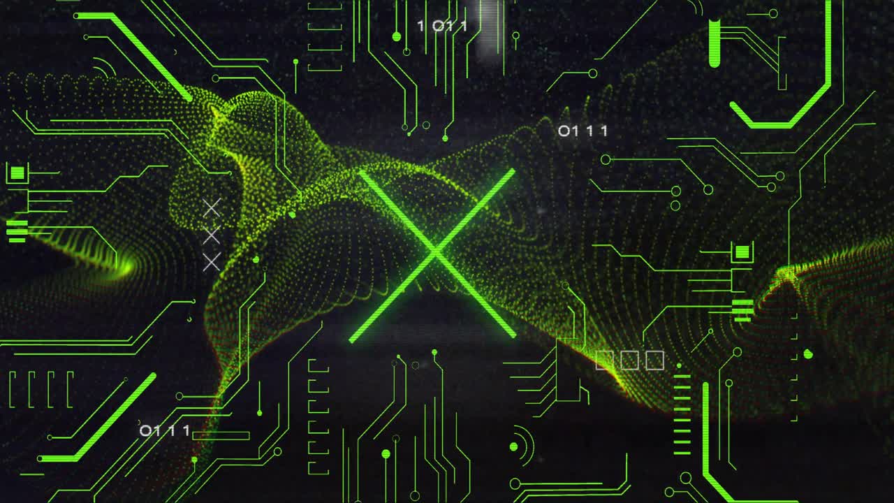 Luminous green particle ribbon rising and undulating after HUD chevron pulse, visualizing data