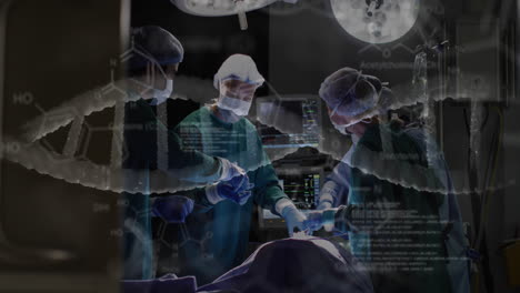 animación de cadenas de adn y datos médicos sobre diversos cirujanos femeninos y masculinos que operan
