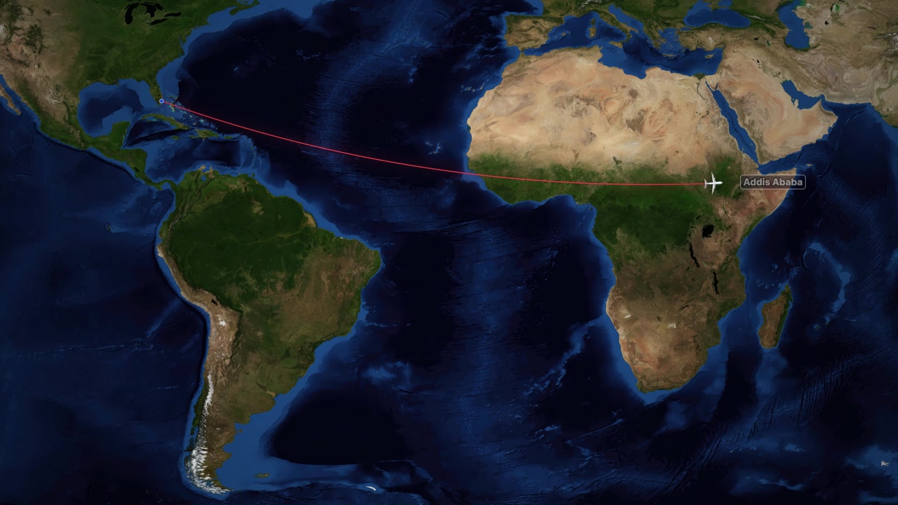 A red line tracks an airplane flying across the Atlantic Ocean from Miami to Ethiopia