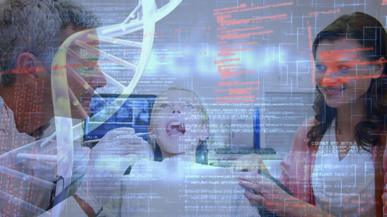 animación del procesamiento de datos médicos sobre dos dentistas caucásicos y un paciente