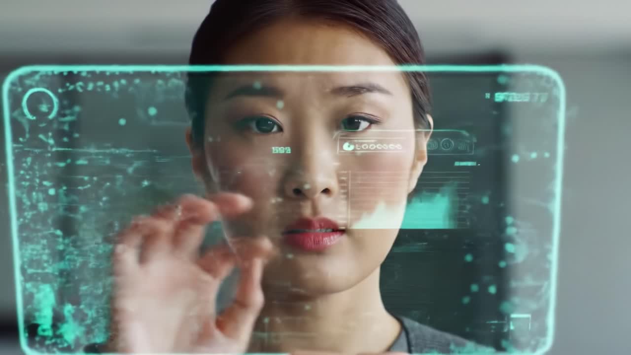 Woman interacting with a futuristic digital interface