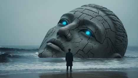 giant stone head with glowing blue eyes emerging from the ocean