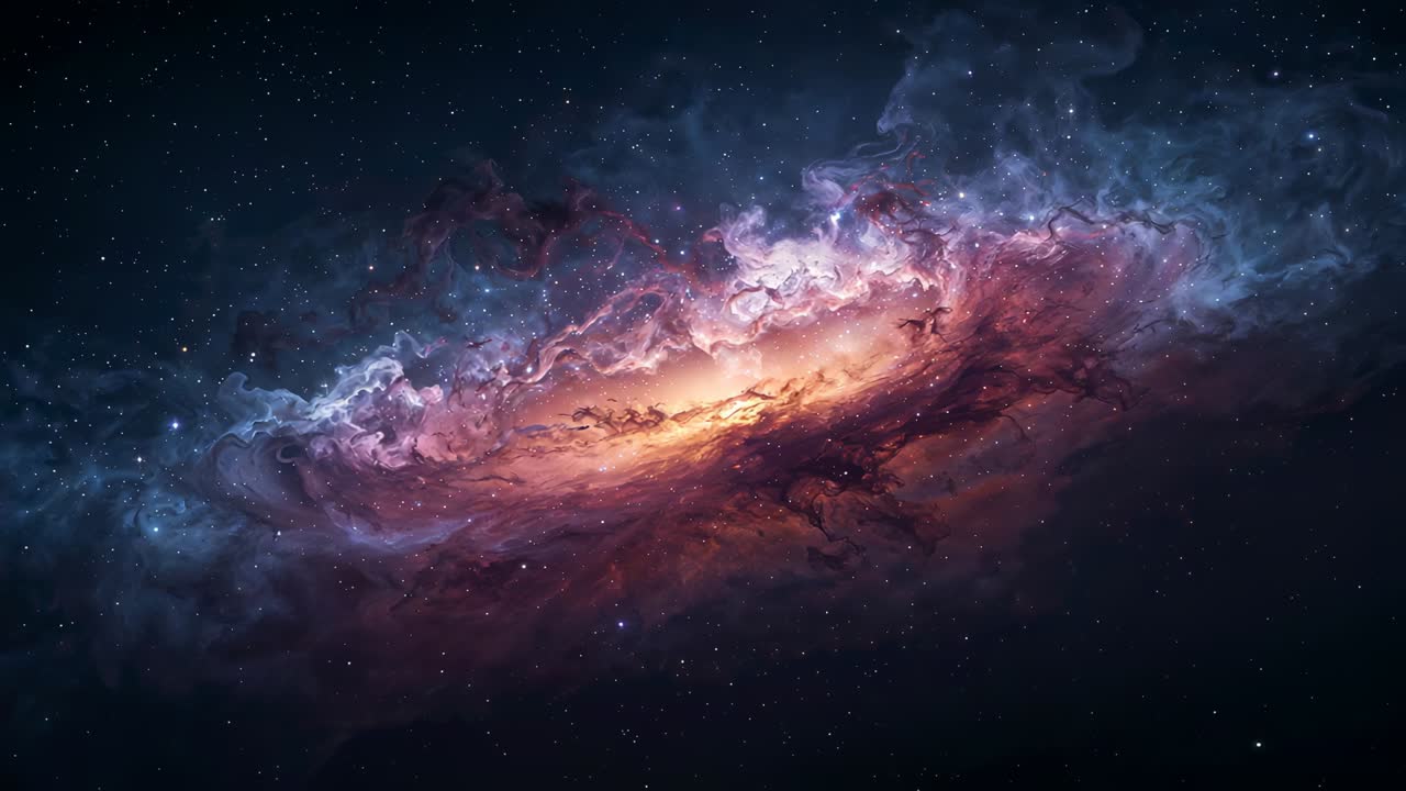 Showing spiral nebula core emitting golden light, purple-red gas expanding swirling in space