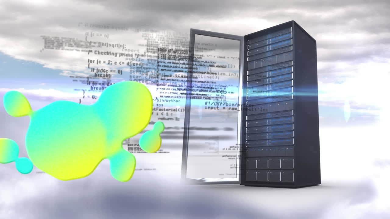 Animation of colorful stain, data processing and server over clouds