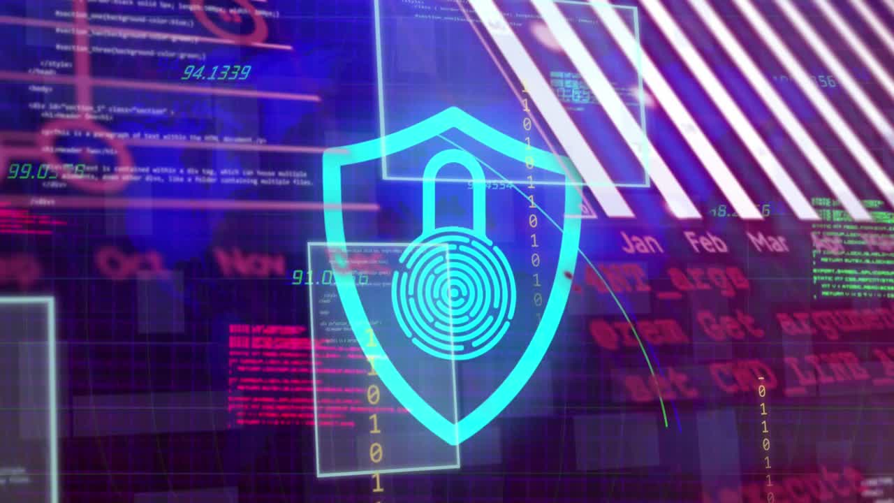 animación del icono del candado sobre el procesamiento de datos sobre fondo azul