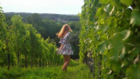 Stunning-HD-footage-of-a-young-white-Caucasian-woman-with-a-knitted-hat,-dress-and-red-lipstick-joyfully-walking-through-vineyards-then-playfully-taking-her-hat-off