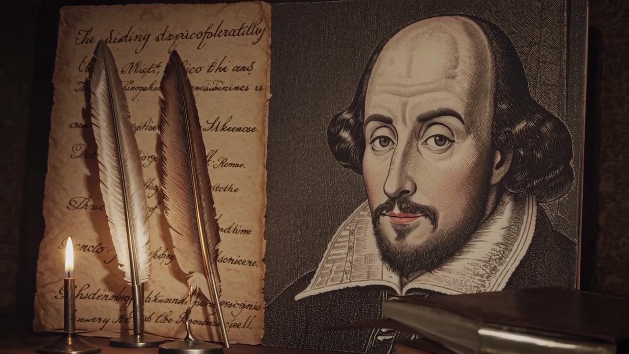 Historisches Stillleben mit William-Shakespeare-Porträt und alten Büchern