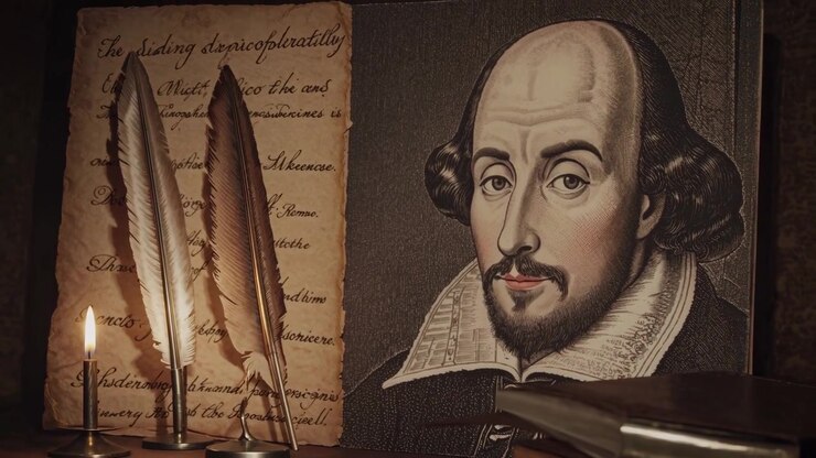 Natura morta storica con ritratto di William Shakespeare e libri antichi