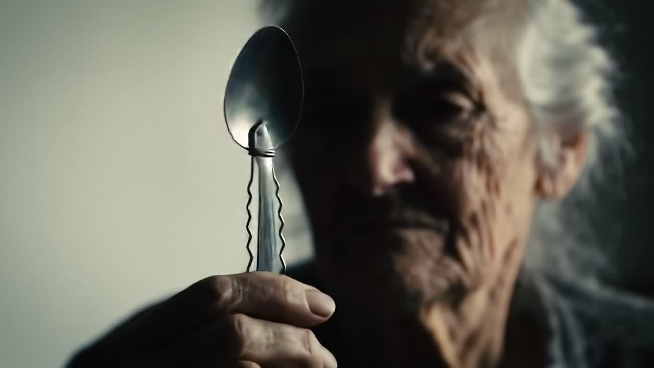 An Elderly Woman Reflecting on Life as She Holds a Single Spoon, Capturing Moments of Wisdom and Memory in a Thoughtful and Poignant Way