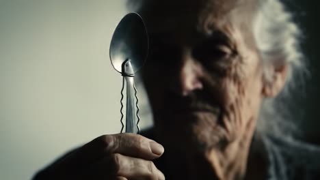 an elderly woman reflecting on life as she holds a single spoon, capturing moments of wisdom and memory in a thoughtful and poignant way