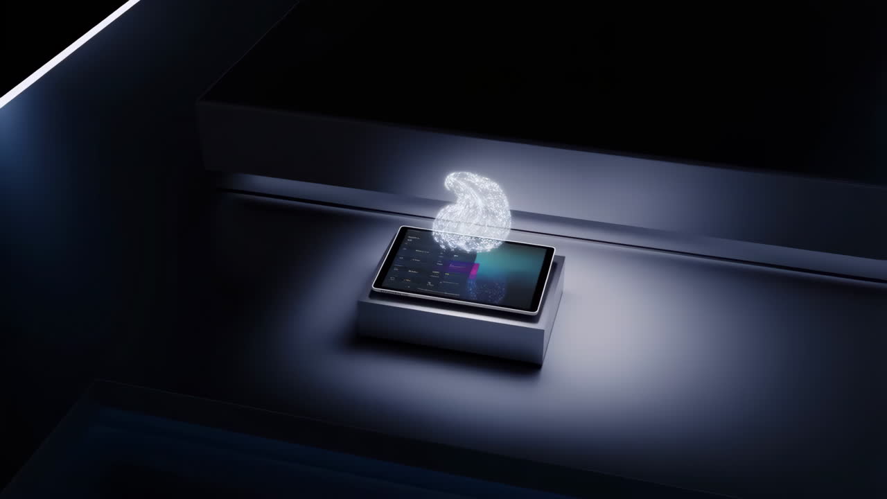 Futuristic tablet displaying data with a holographic brain or data cloud projection