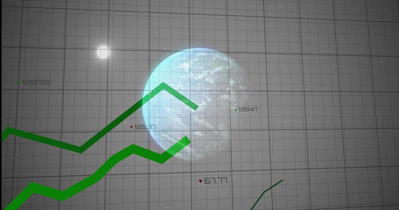 緑のグラフを駆動するデータフィードがグリッドに入り、シアンの地球を横切り、金融ラベルを更新している。