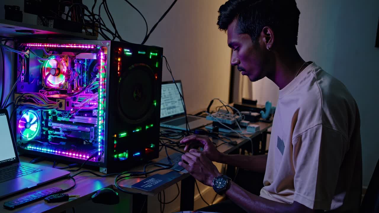 técnico que gestiona la operación de minería de criptomonedas en una computadora potente e iluminada dentro de un espacio de trabajo débilmente iluminado, navegando por un complejo ecosistema financiero digital con experiencia tecnológica